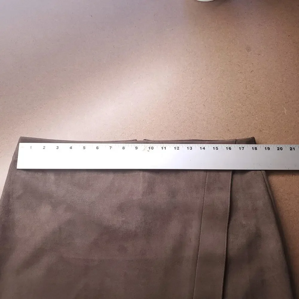 ANN TAYLOR Faux Suede Skirt Women 14 Brown Wrap Style Lined Back Zip Front Slit